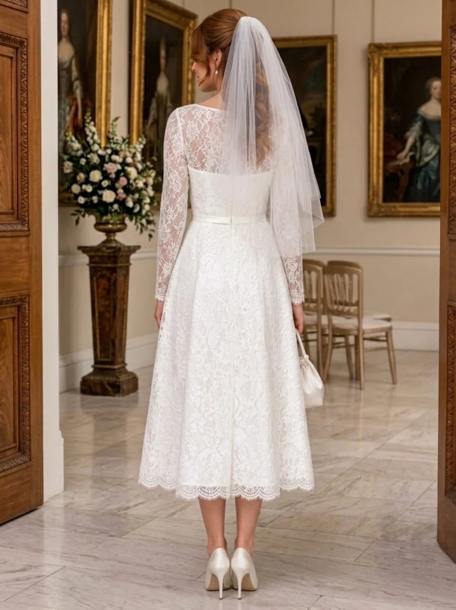 A-Line/Princess Boat Neck Lace Wedding Dresses Long Sleeves Tea-Length Floral