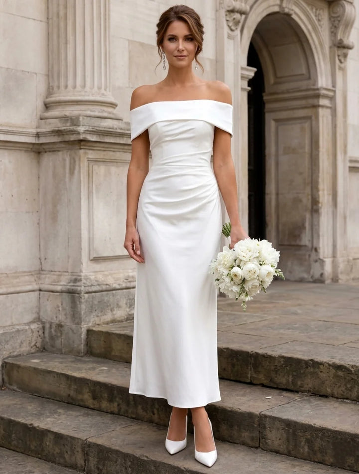 Sheath/Column Off-the-Shoulder Satin Wedding Dresses Sleeveless Ankle-Length