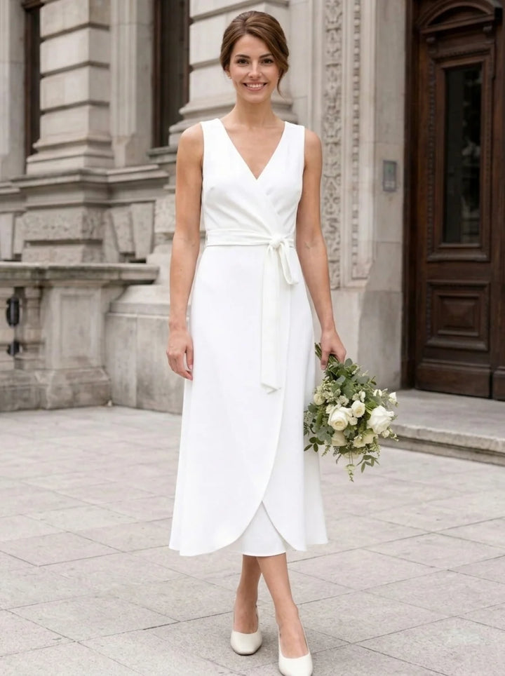A-Line/Princess V-Neck Chiffon Wedding Dresses with Jacket Long Sleeves Tea-Length Belt