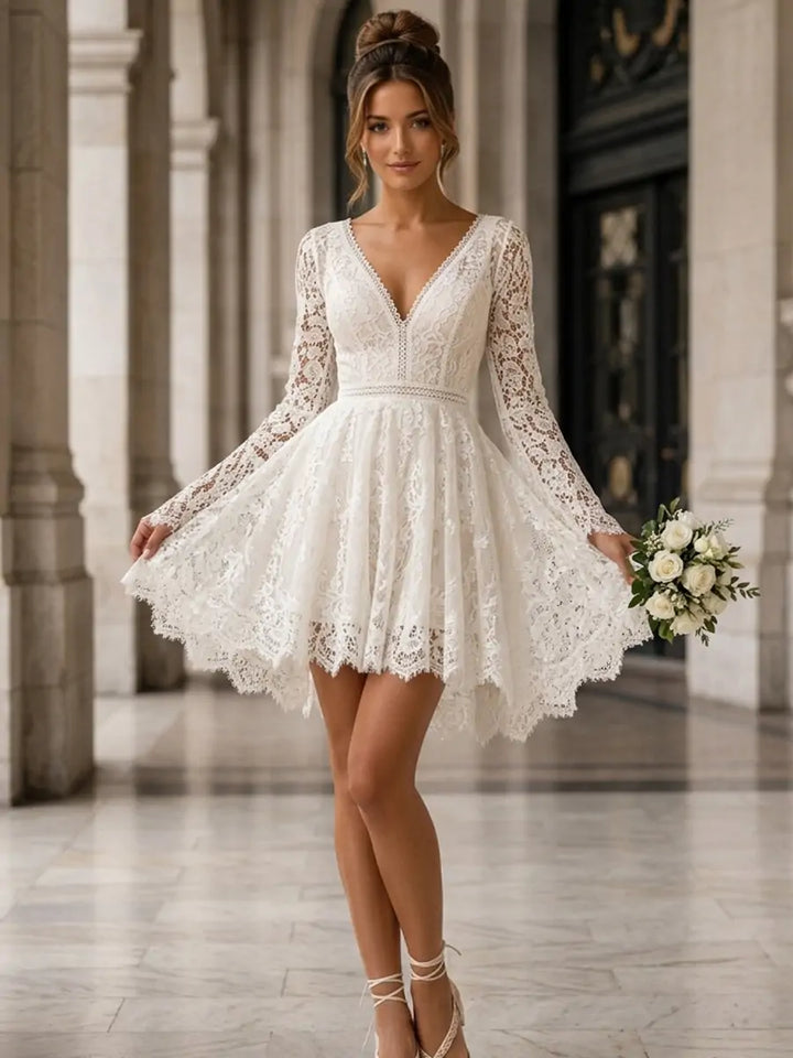 A-Line/Princess V-Neck Lace Floral Wedding Dresses Long Sleeves High-Low Short/Mini