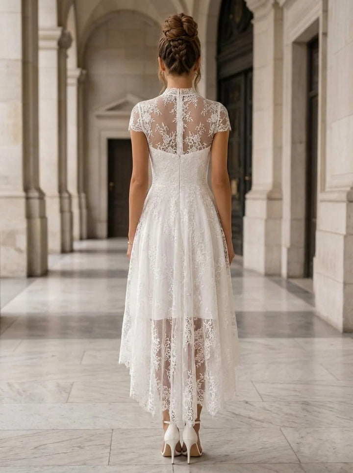 A-Line/Princess Mock Neck Lace Wedding Dresses Short Sleeves Asymmetrical Tea-Length Floral
