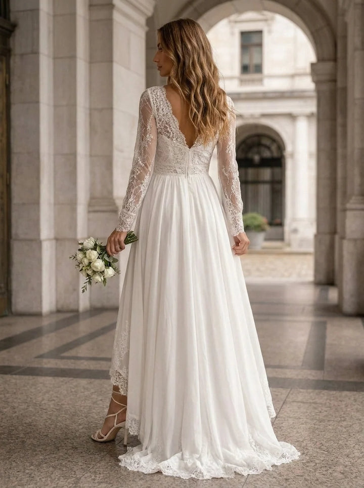 A-Line/Princess V-Neck Lace Floral Wedding Dresses Long Sleeves High-Low Floor-Length Sweep Train
