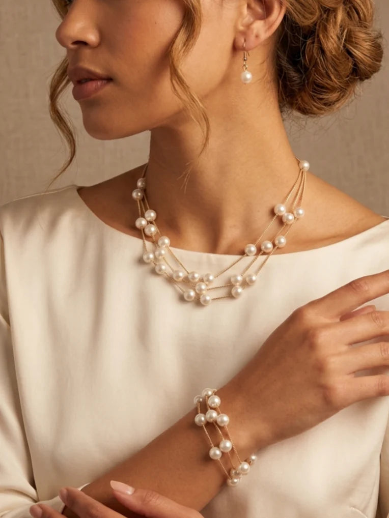 3 Layers Station Pearl  Women's Wedding Jewelry Sets For Bridal & Bridesmaid Earrings & Necklace & Bracelet Set of 3
