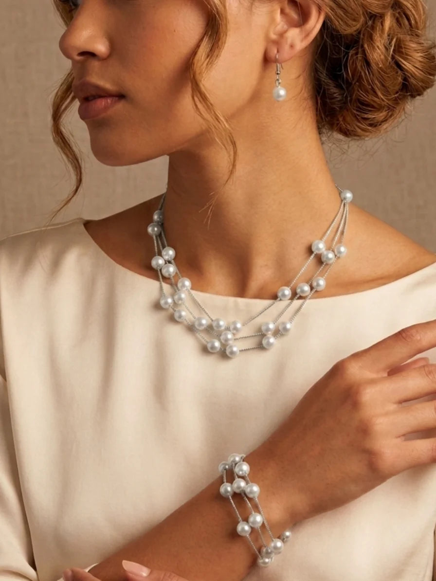 3 Layers Station Pearl  Women's Wedding Jewelry Sets For Bridal & Bridesmaid Earrings & Necklace & Bracelet Set of 3