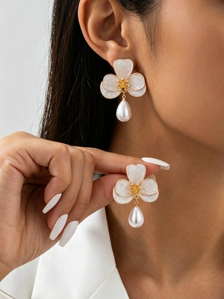 Elegant Pearl Flower Baroque Drop Earrings For Bridal & Bridesmaid