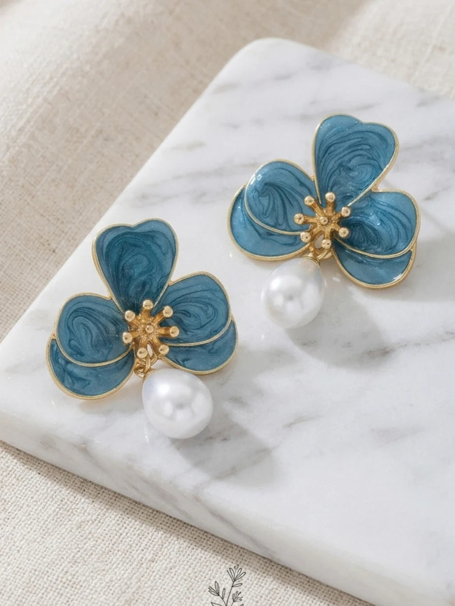 Elegant Pearl Flower Baroque Drop Earrings For Bridal & Bridesmaid