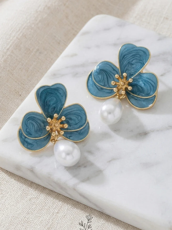 Elegant Pearl Flower Baroque Drop Earrings For Bridal & Bridesmaid