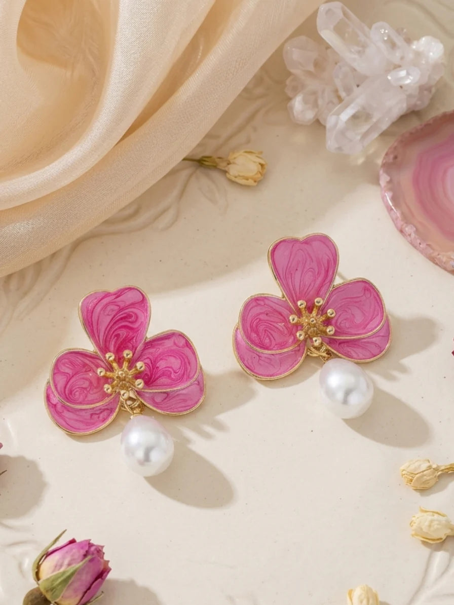 Elegant Pearl Flower Baroque Drop Earrings For Bridal & Bridesmaid