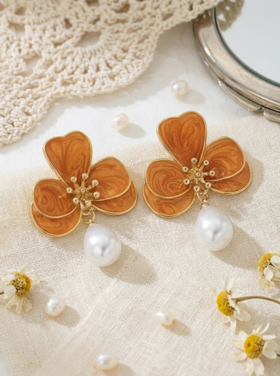 Elegant Pearl Flower Baroque Drop Earrings For Bridal & Bridesmaid