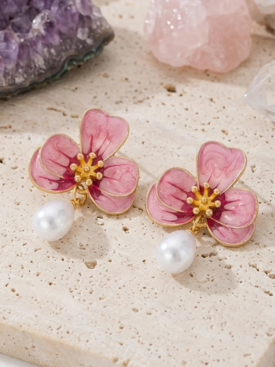 Elegant Pearl Flower Baroque Drop Earrings For Bridal & Bridesmaid