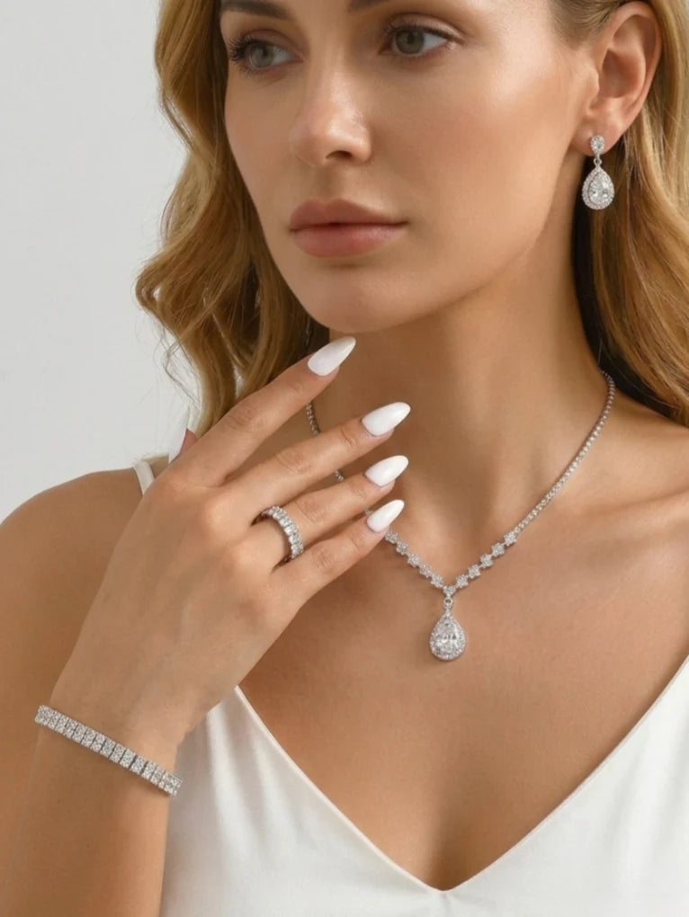 4 Pieces Rhinestone Wedding Jewelry Sets For Bridal & Bridesmaid Earrings & Necklace & Bracelet & Ring