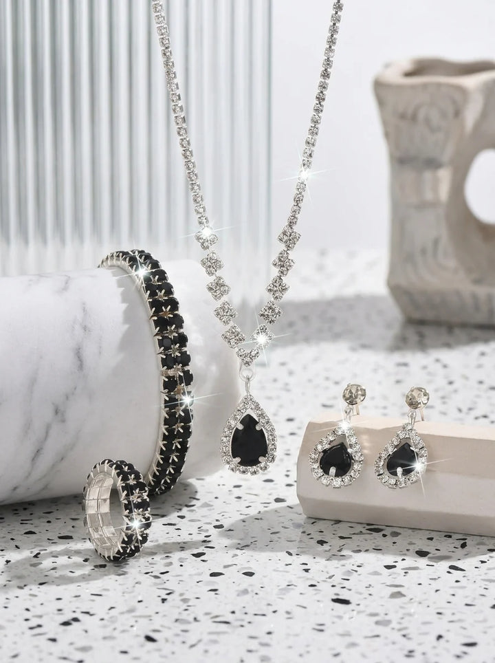 4 Pieces Rhinestone Wedding Jewelry Sets For Bridal & Bridesmaid Earrings & Necklace & Bracelet & Ring