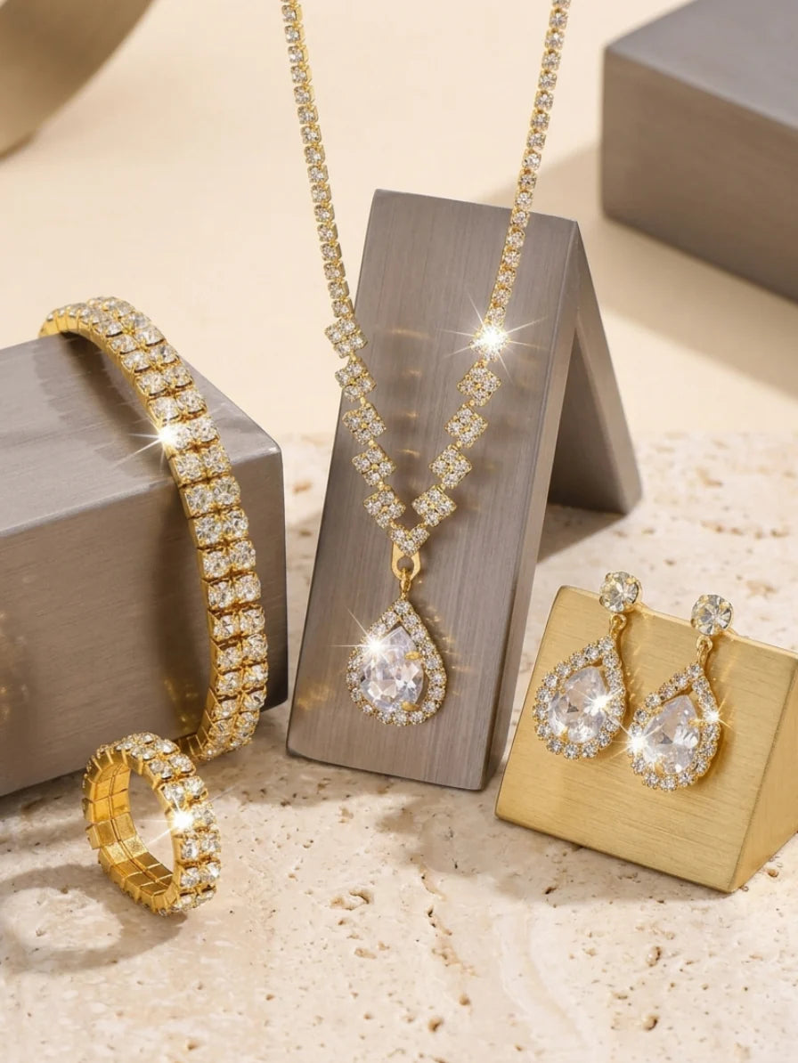 4 Pieces Rhinestone Wedding Jewelry Sets For Bridal & Bridesmaid Earrings & Necklace & Bracelet & Ring