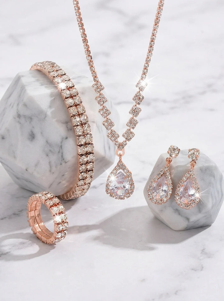 4 Pieces Rhinestone Wedding Jewelry Sets For Bridal & Bridesmaid Earrings & Necklace & Bracelet & Ring