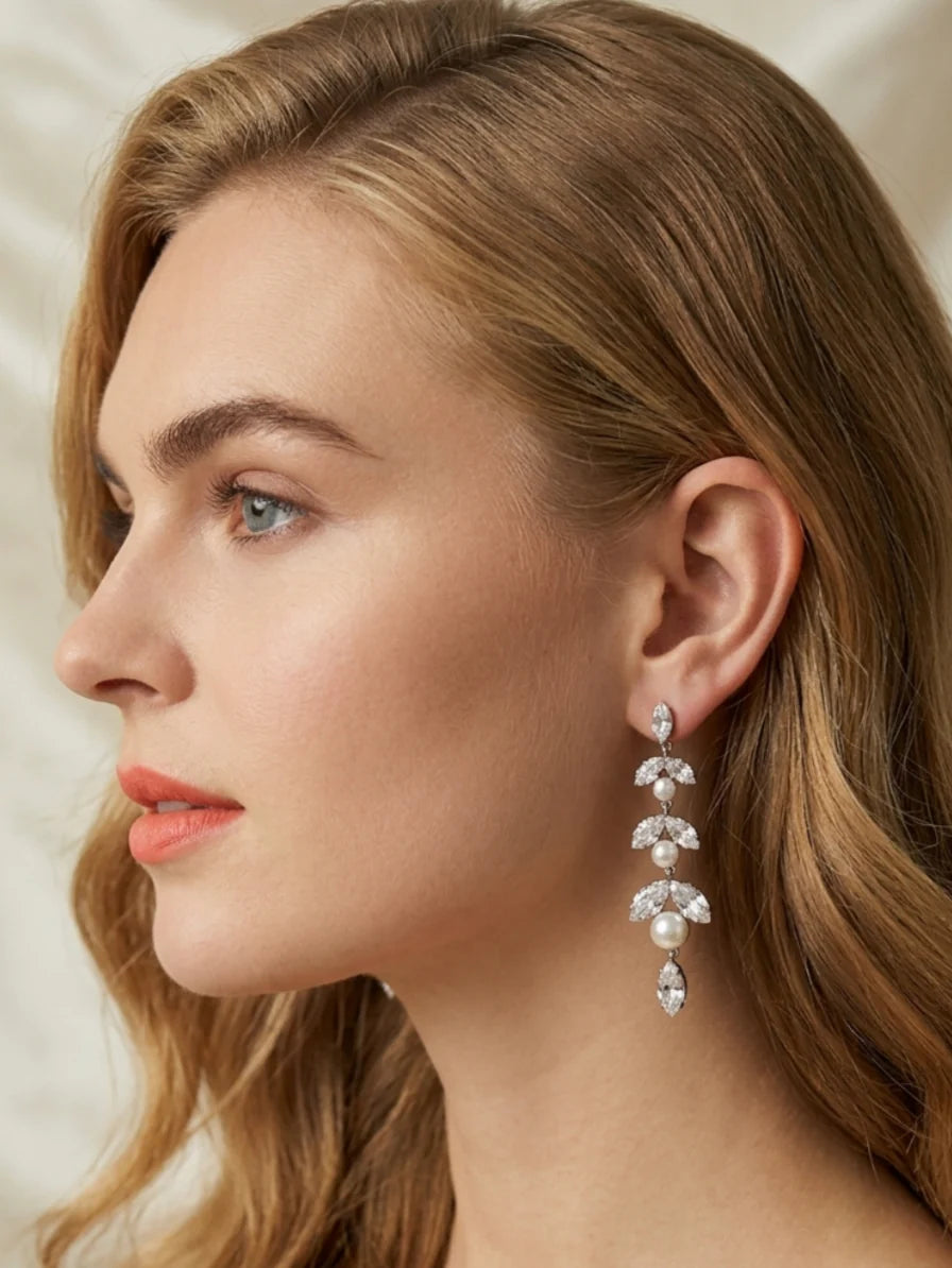 Long Marquise Cubic Zirconia Drop Earrings For Bridal & Bridesmaid