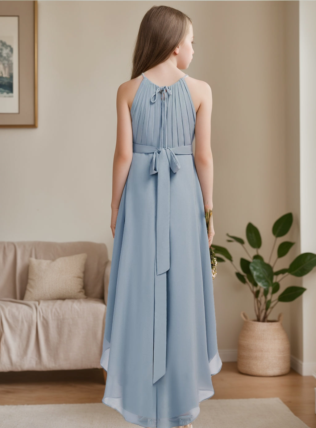 A-Line/Princess Halter Asymmetrical Junior Bridesmaid Dress With Pleats