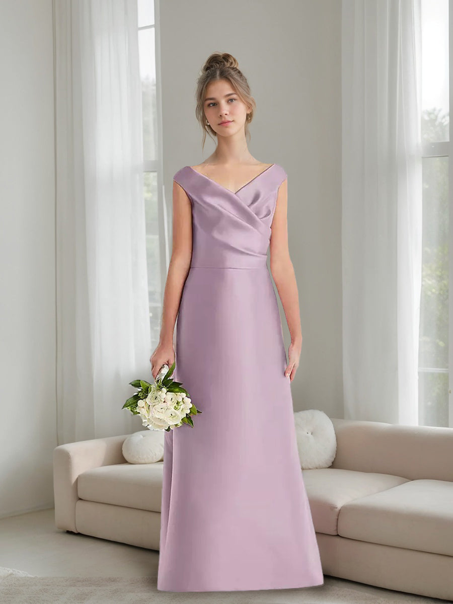 A-line/Princess V-neck Ruched Floor-Length Junior Bridesmaid Dresses with Pockets