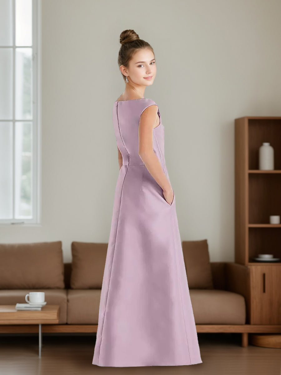 A-line/Princess V-neck Ruched Floor-Length Junior Bridesmaid Dresses with Pockets