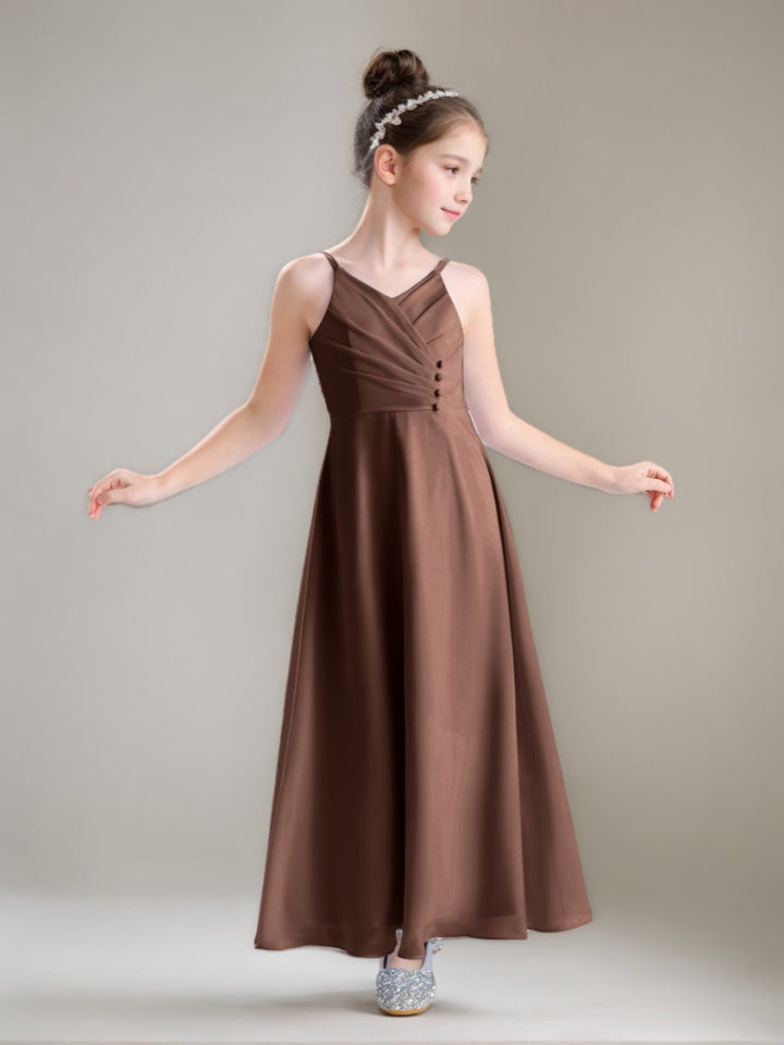 A-line/Princess Spaghetti Straps V-Neck Ruched Ankle-Length Junior Bridesmaid Dresses