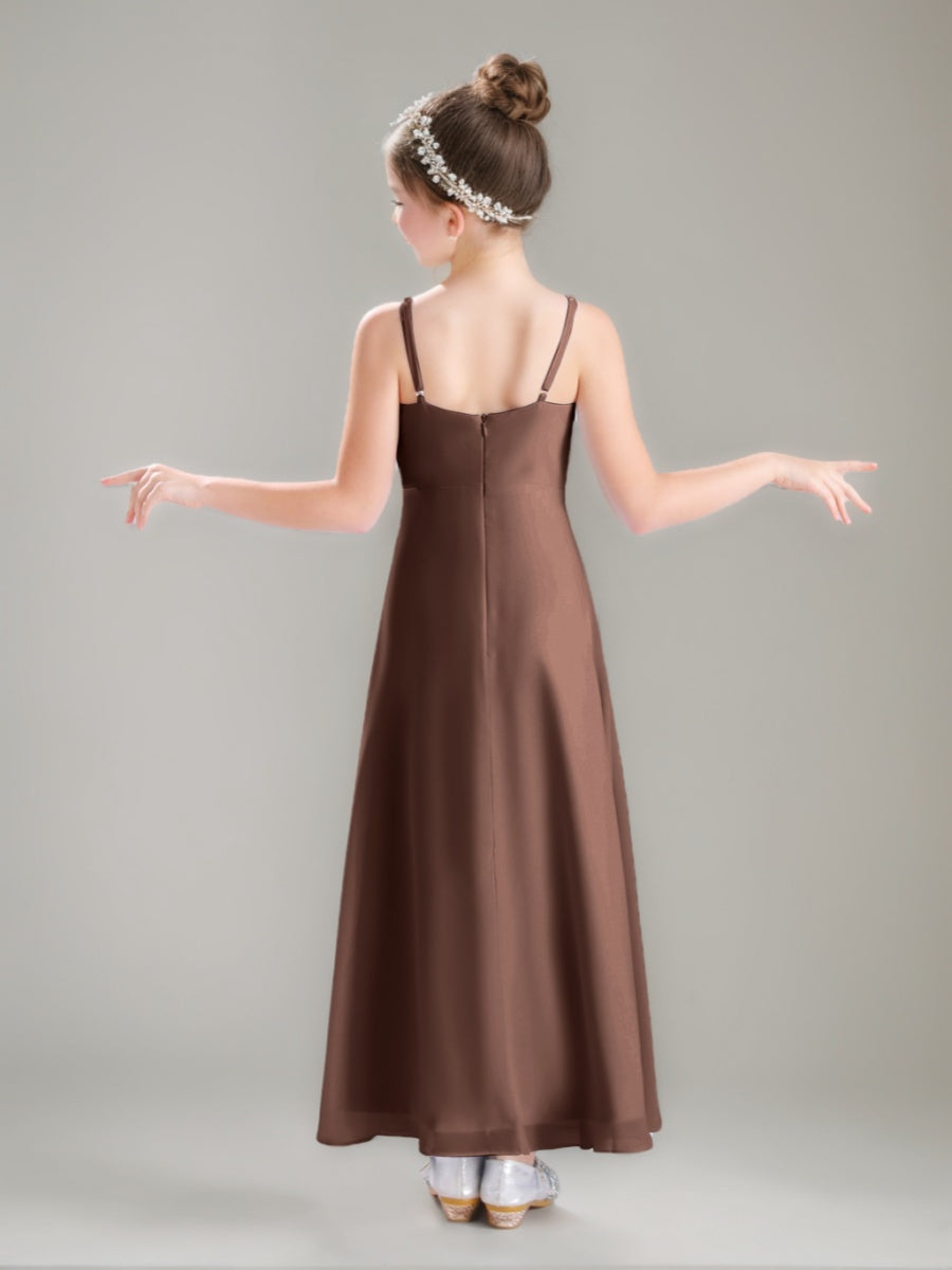 A-line/Princess Spaghetti Straps V-Neck Ruched Ankle-Length Junior Bridesmaid Dresses