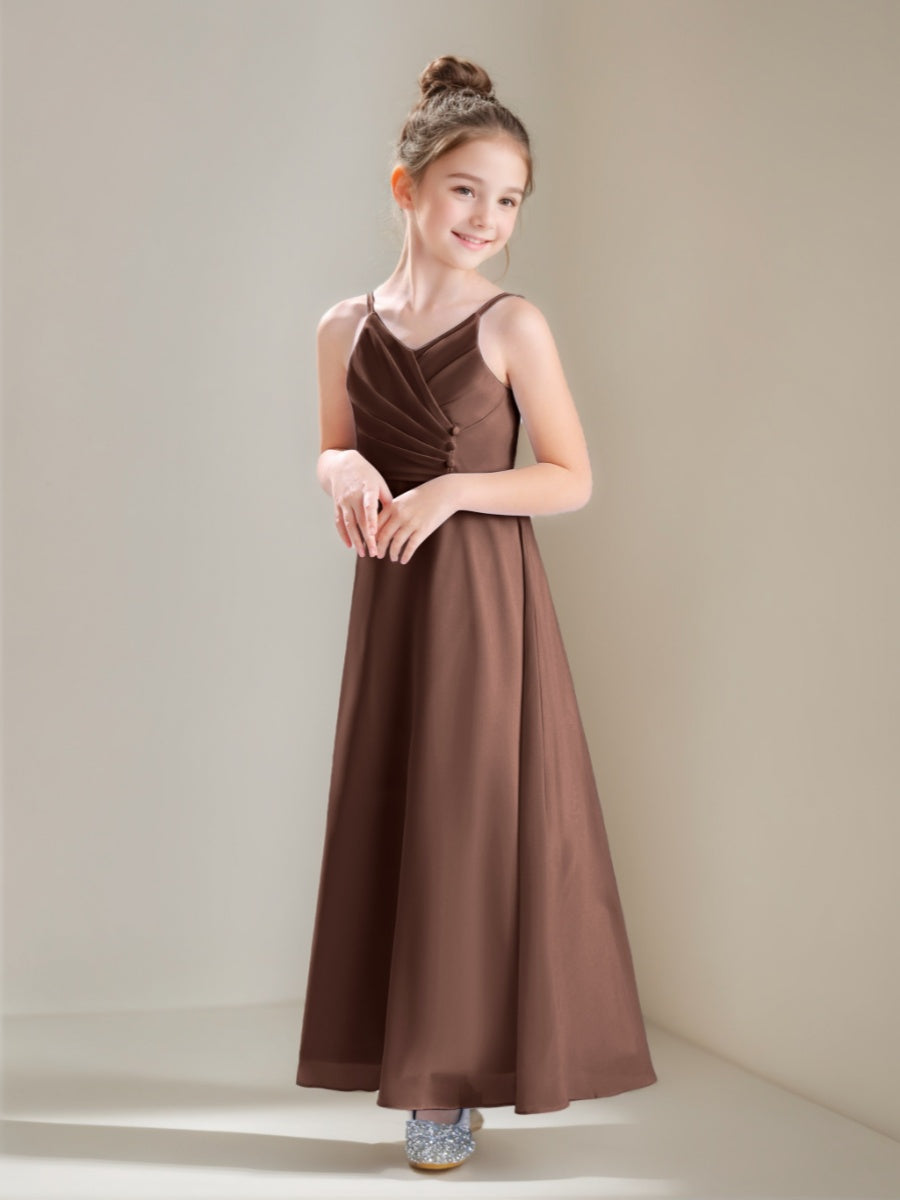 A-line/Princess Spaghetti Straps V-Neck Ruched Ankle-Length Junior Bridesmaid Dresses