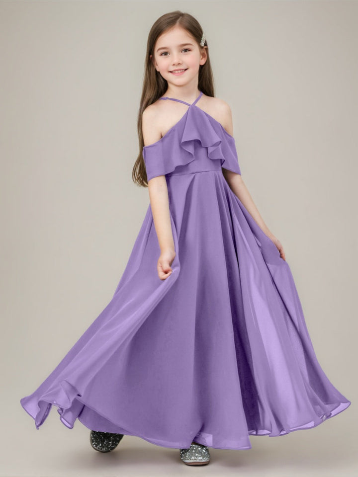 A-line/Princess Halter Floor-Length Junior Bridesmaid Dress with Ruffles