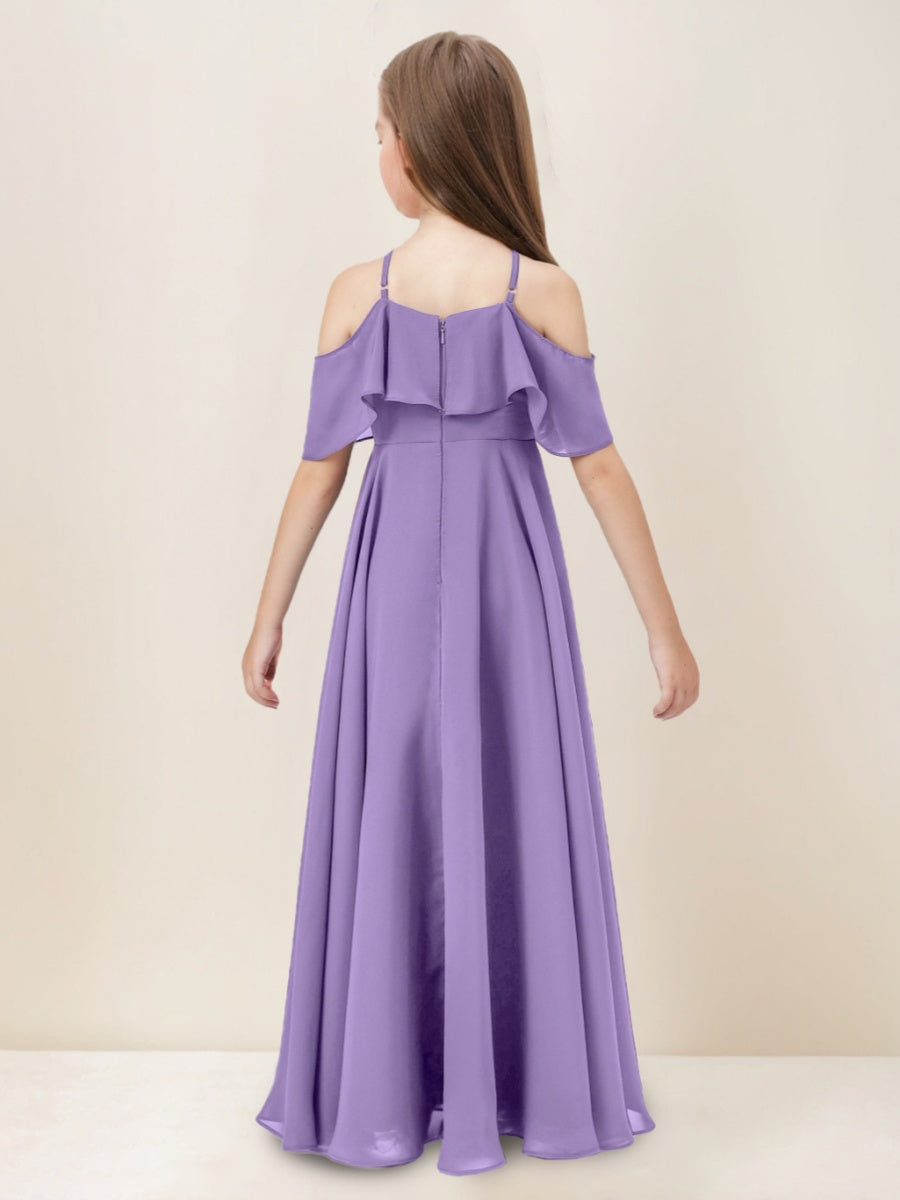 A-line/Princess Halter Floor-Length Junior Bridesmaid Dress with Ruffles