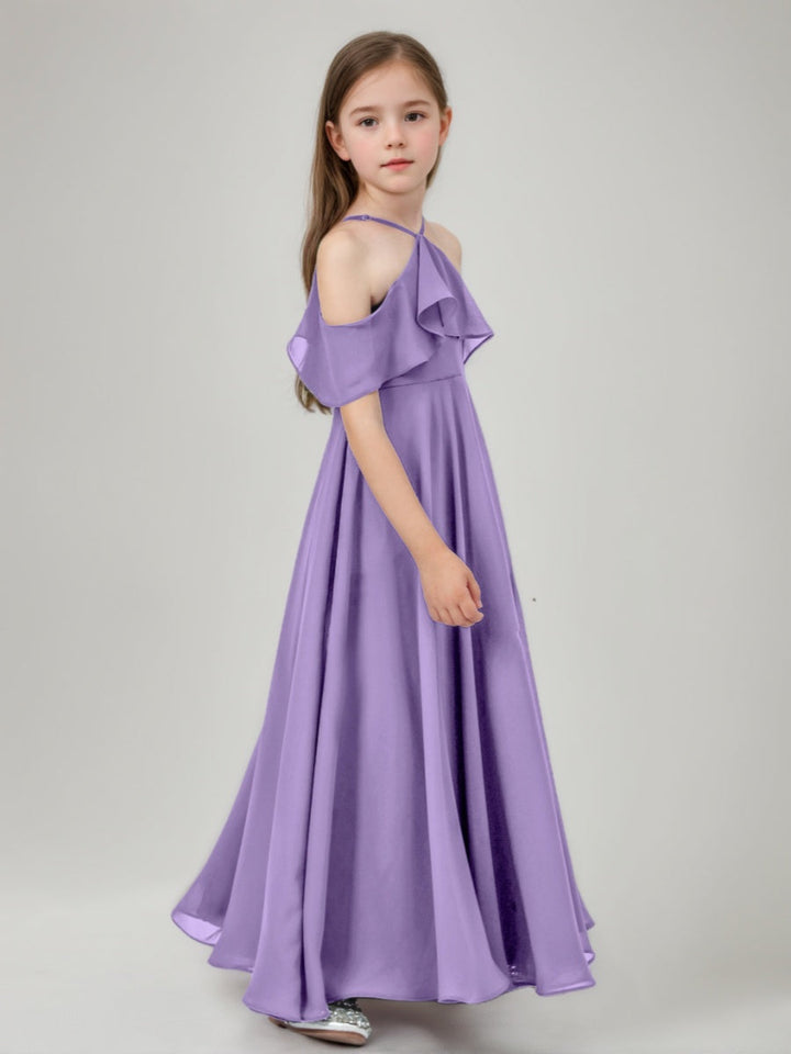 A-line/Princess Halter Floor-Length Junior Bridesmaid Dress with Ruffles