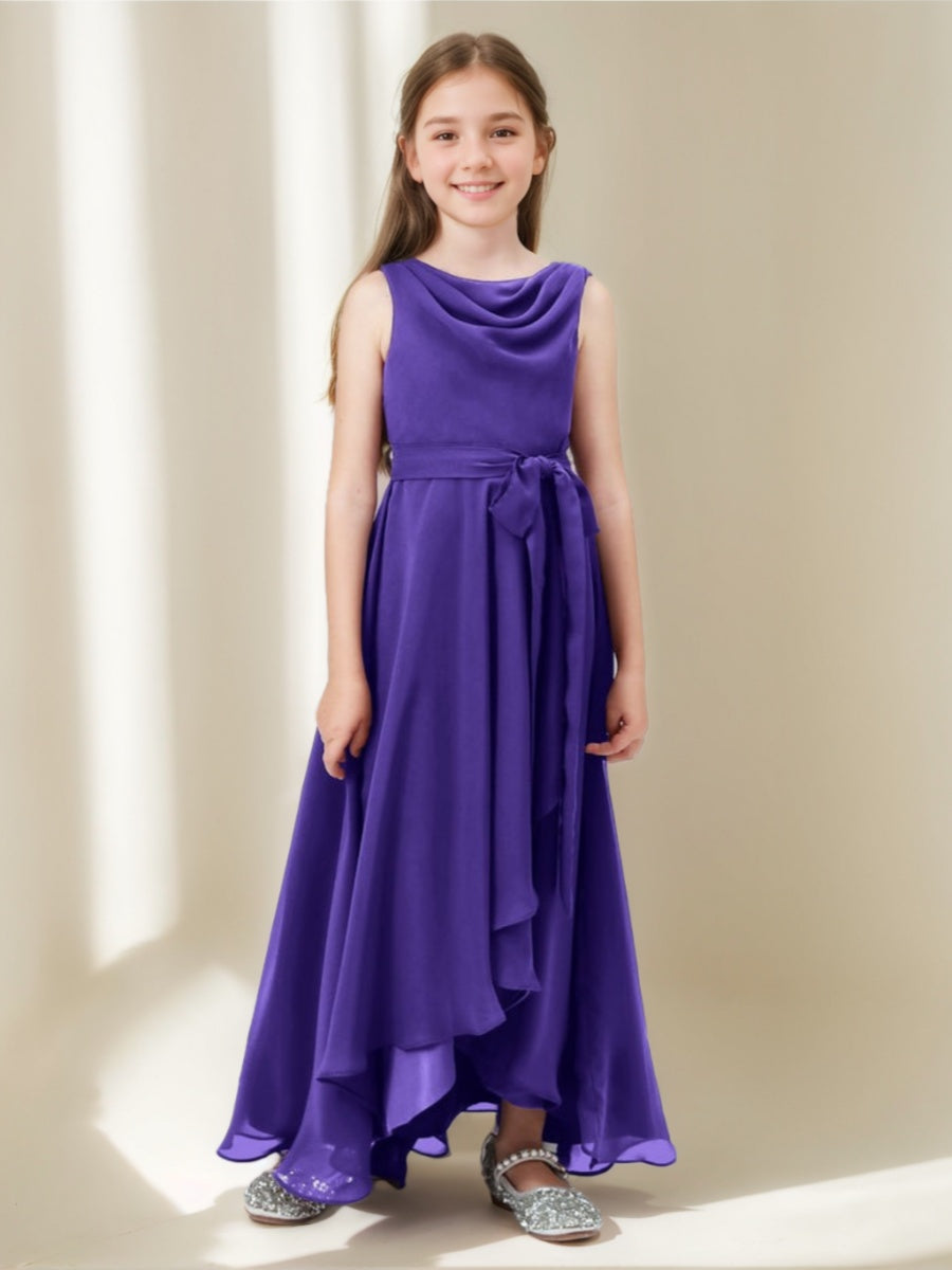 A-line/Princess Cowl Neck Sleeveless Asymmetrical Junior Bridesmaid Dresses with Bowknot & Ruffles