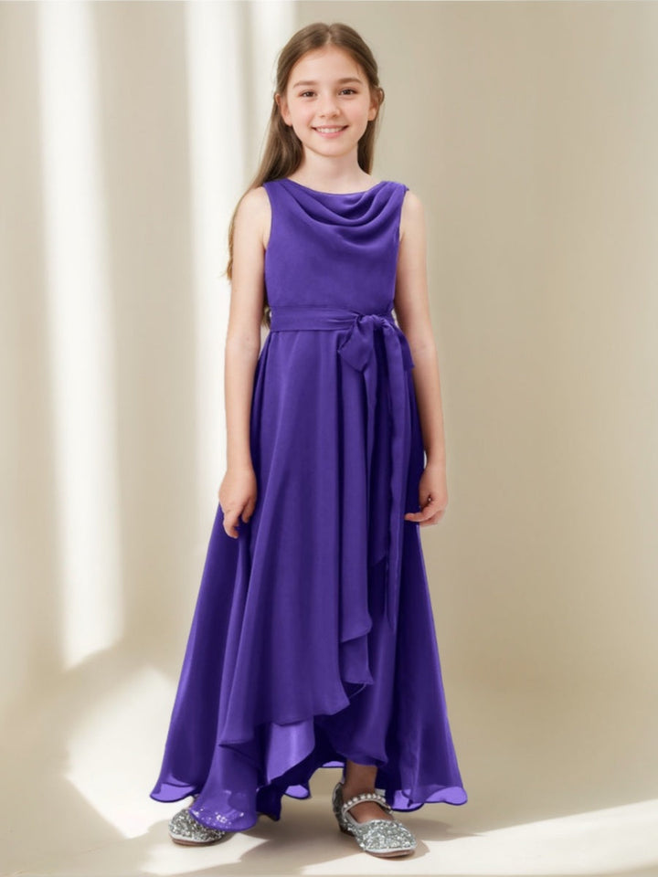 A-line/Princess Cowl Neck Sleeveless Asymmetrical Junior Bridesmaid Dresses with Bowknot & Ruffles
