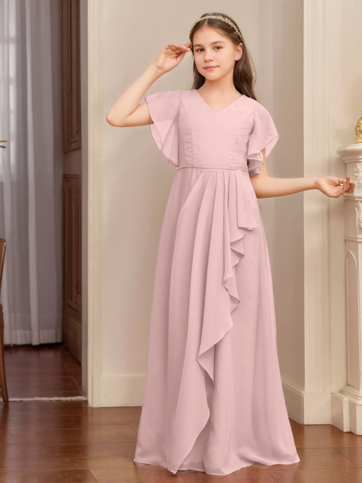 A-line/Princess V-neck Short Sleeves Ruched Floor-Length Junior Bridesmaid Dress with Ruffles