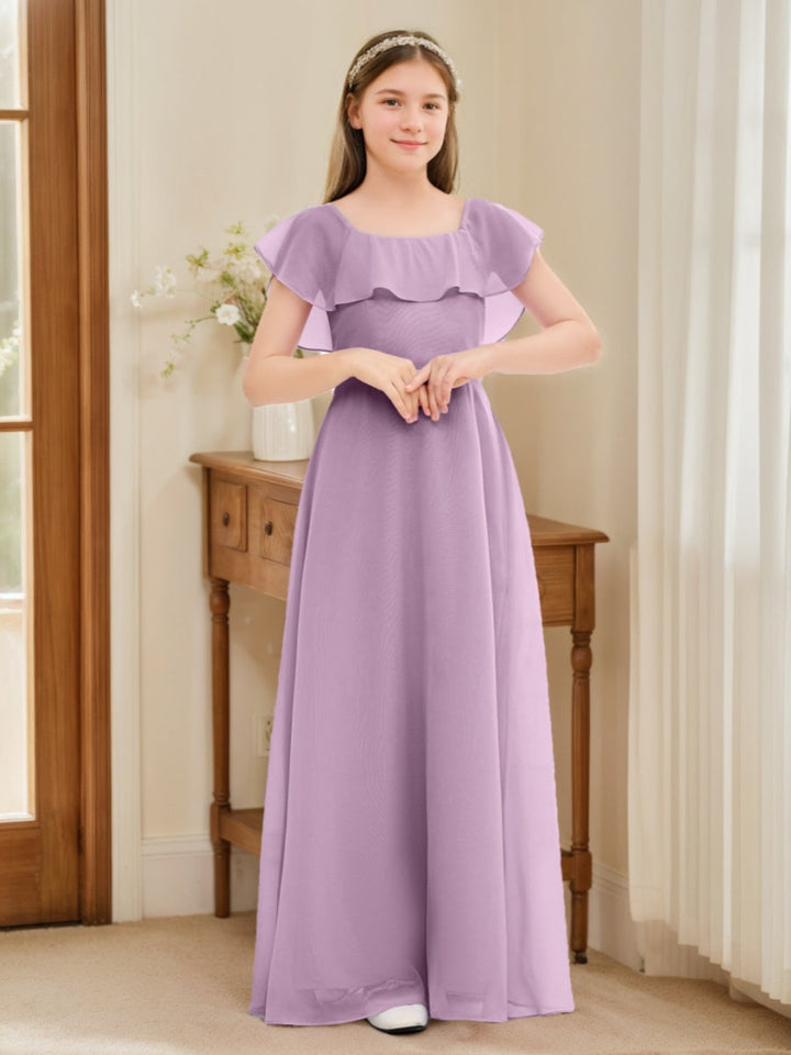 A-line/Princess Scoop Short Sleeves Floor-Length Junior Bridesmaid Dress with Ruffles