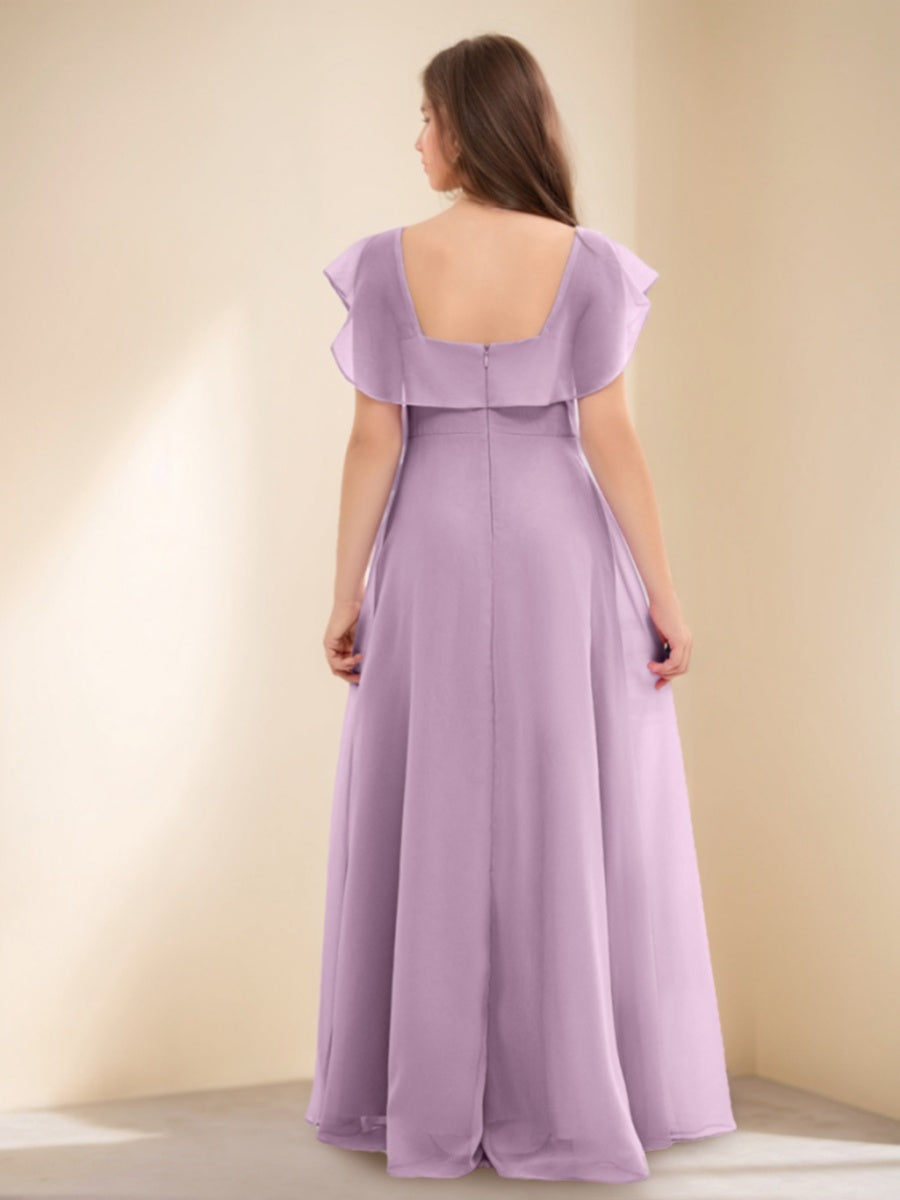 A-line/Princess Scoop Short Sleeves Floor-Length Junior Bridesmaid Dresses with Ruffles