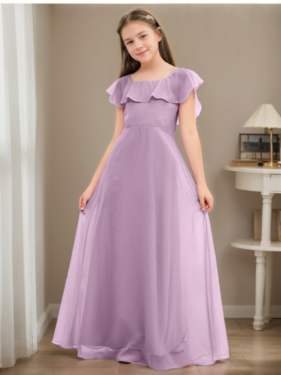 A-line/Princess Scoop Short Sleeves Floor-Length Junior Bridesmaid Dresses with Ruffles