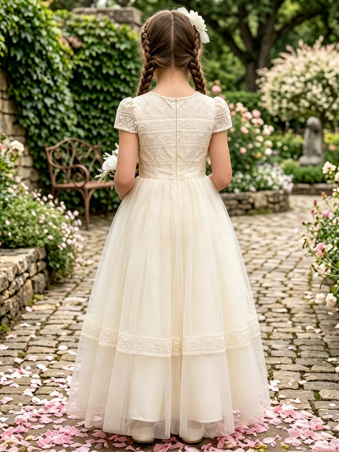 A-Line/Princess Scoop Lace Tulle Flower Girl Dresses Short Sleeves Floor-Length