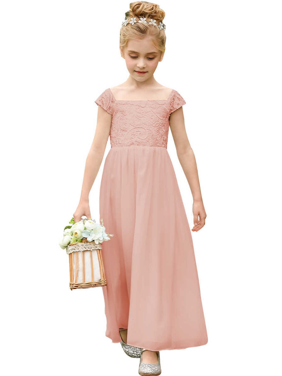 A-Line/Princess Scoop Lace Chiffon Flower Girl Dresses Sleeveless Ankle-Length With Bowknot
