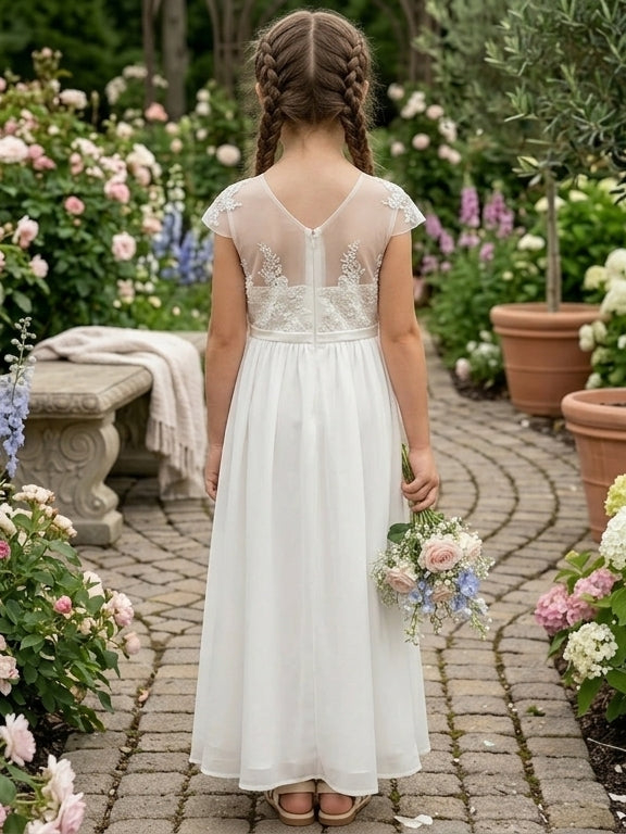 A-Line/Princess Scoop Lace Chiffon Flower Girl Dresses Short Sleeves Ankle-Length