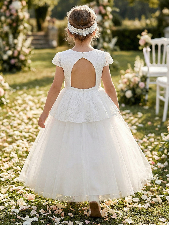 A-Line/Princess Scoop Lace Tulle Flower Girl Dresses Short Sleeves Ankle-Length With Bowknot