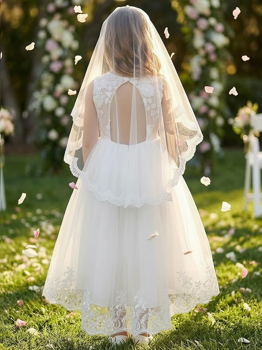 A-Line/Princess Scoop Lace Tulle Flower Girl Dresses Short Sleeves Asymmetrical Ankle-Length With Bowknot