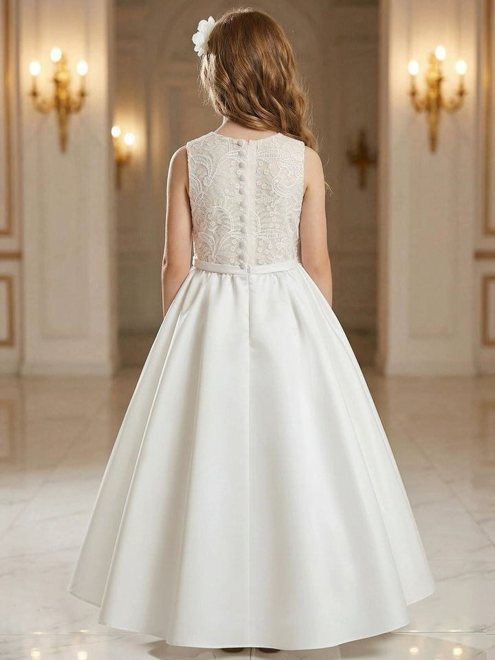 A-Line/Princess Scoop Lace Satin Flower Girl Dresses Sleeveless Ankle-Length With Bowknot