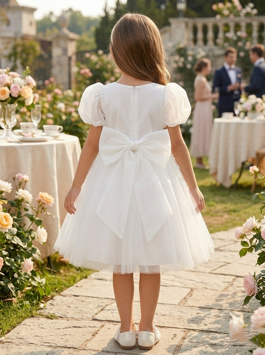 A-Line/Princess Scoop Lace Tulle Flower Girl Dresses Puff Sleeves Tea-Length With Bowknot