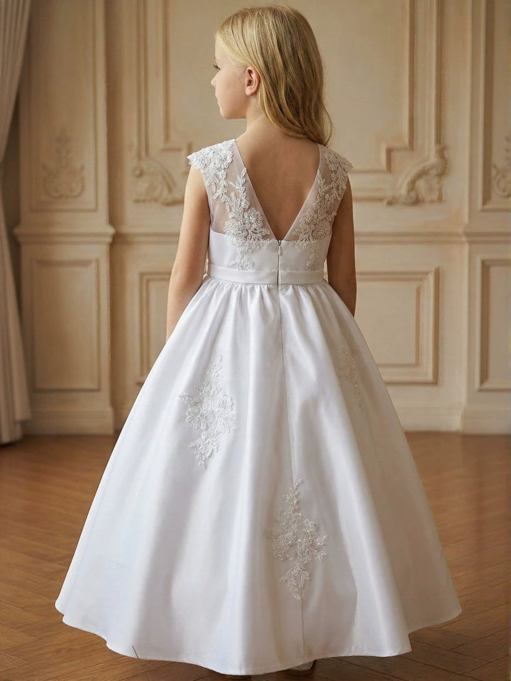 A-Line/Princess V-Neck Embroidered Satin Flower Girl Dresses Sleeveless Floor-Length