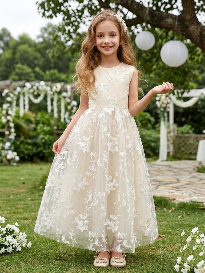 A-Line/Princess Scoop Tulle Lace Flower Girl Dresses Sleeveless Ankle-Length With Bowknot