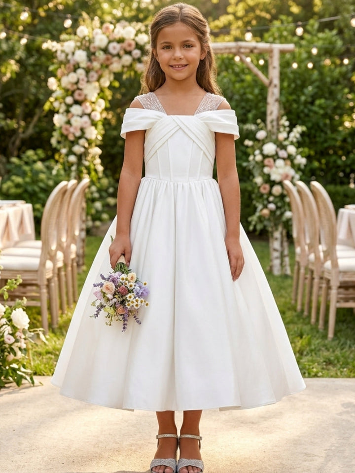 A-Line/Princess Off-the-Shoulder Satin Flower Girl Dresses Sleeveless Tea-Length Ruched