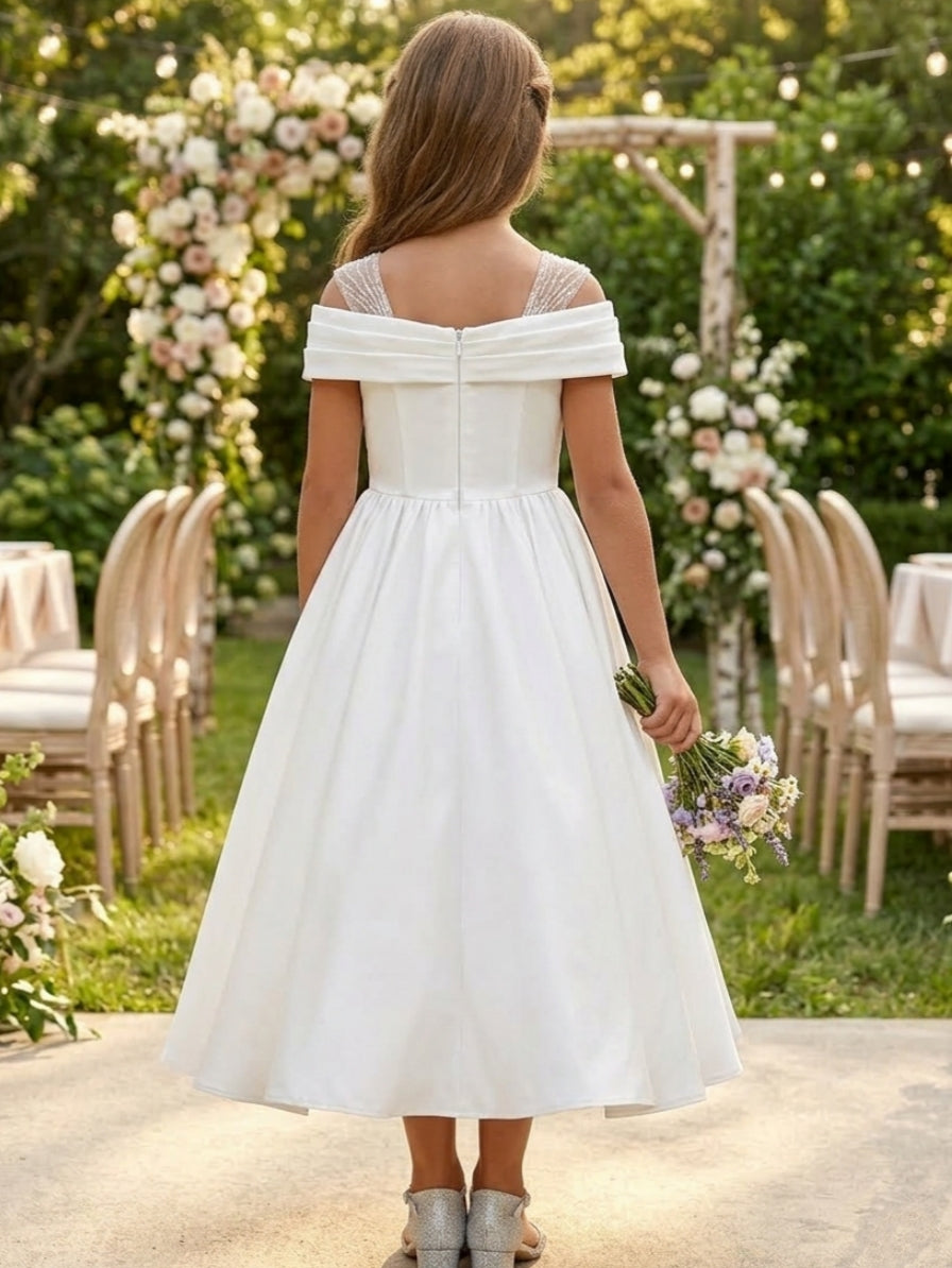 A-Line/Princess Off-the-Shoulder Satin Flower Girl Dresses Sleeveless Tea-Length Ruched