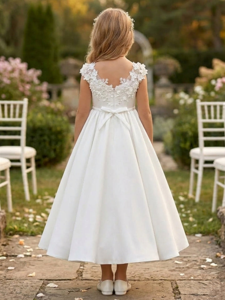 A-Line/Princess V-Neck Satin Flower Girl Dresses Sleeveless Ankle-Length With 3D Flowers