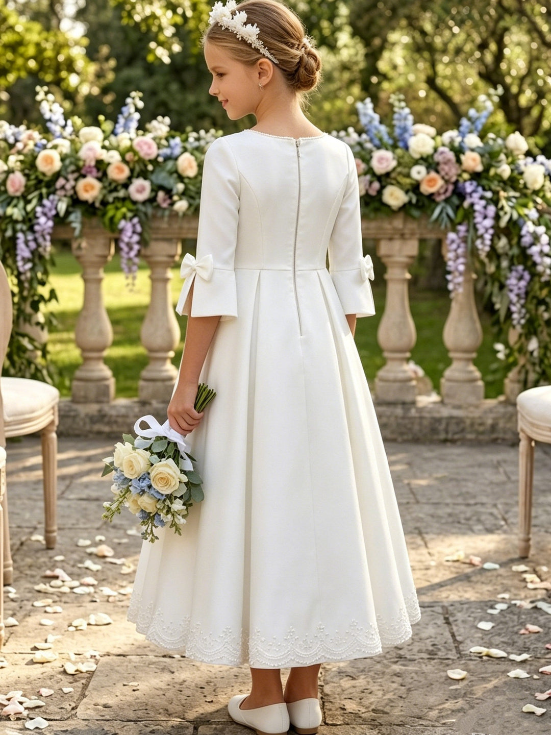 A-Line/Princess Scoop Satin Flower Girl Dresses 3/4 Sleeves Tea-Length With Bowknots