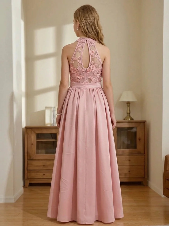 A-Line/Princess Halter Chiffon Sleeveless Floor-Length Lace Junior Bridesmaid Dresses