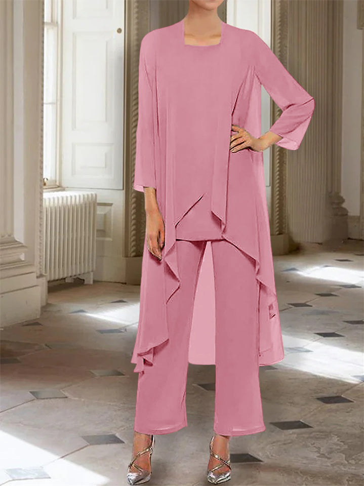 Chiffon Round Neck 3/4 Length Sleeves Ankle-Length Mother of the Bride Pantsuits with Jacket