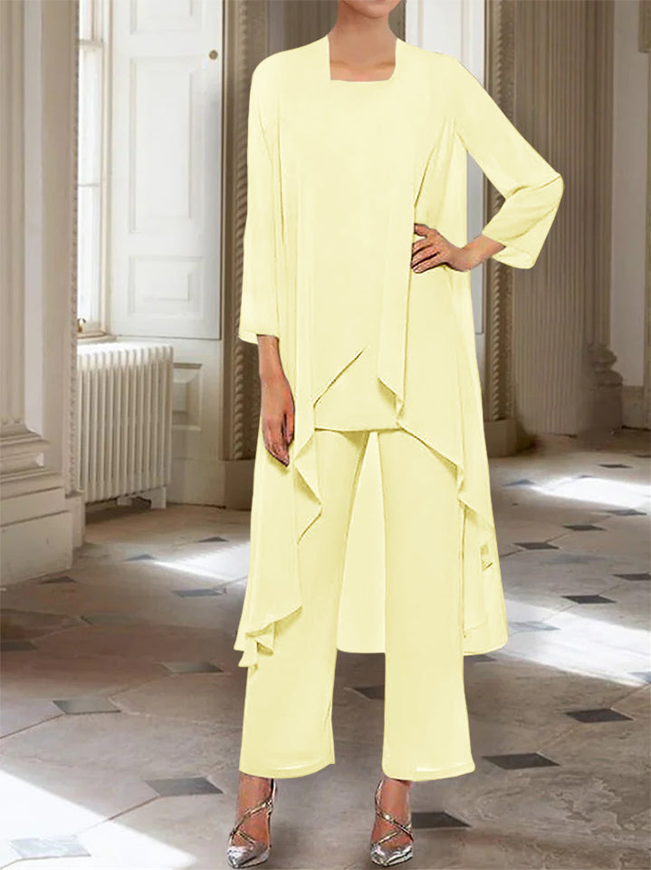 Chiffon Round Neck 3/4 Length Sleeves Ankle-Length Mother of the Bride Pantsuits with Jacket